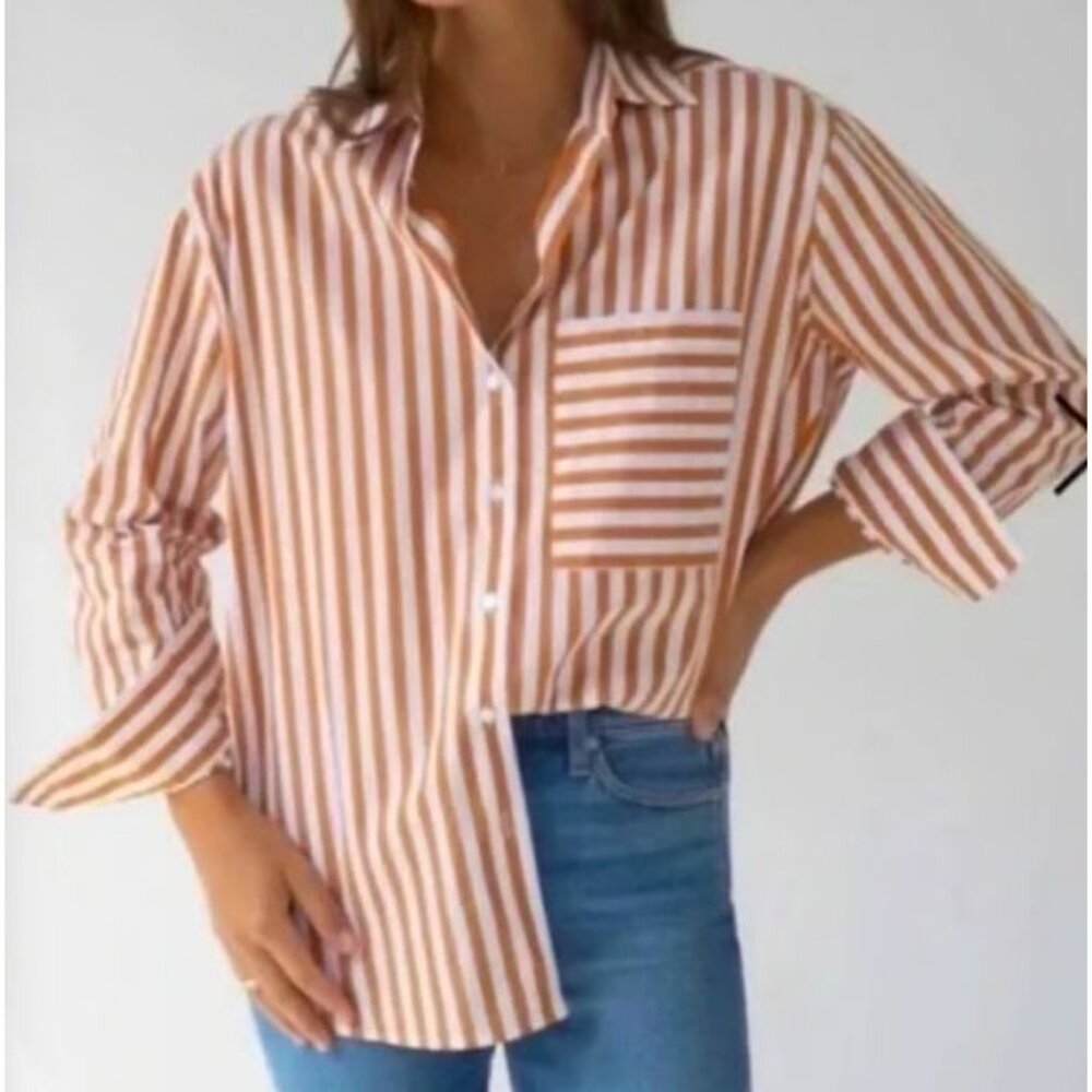 AYR The Deep End Shirt Orange Striped Size S Minimalist Capsule Preppy Work - Picture 9 of 9
